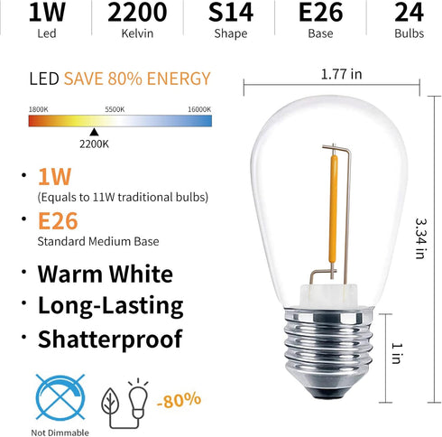 Outdoor String Light Bulbs, 1Watt Shatterproof S14 Replacement Light Bulbs, Vintage Style,E26 Medium Base, 2200K Warm White, 11 Watt Equivalent, 2...