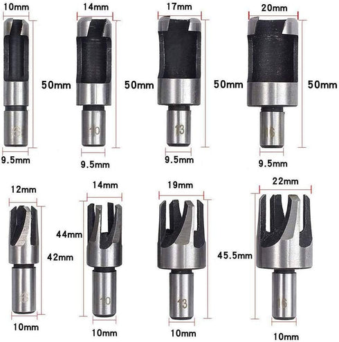 8pcs Wood Plug Cutter Drill Bit Set Straight and Tapered Taper 5/8" 1/2" 3/8" 1/4" Cutting Tool Cork Drill Bit Knife...