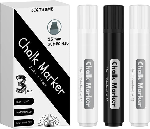 Liquid Chalk Markers Erasable Window Paint Pen: 15mm Jumbo Wet Erase Glass Washable Markers Large Wide Tip 1 Black 2 White Chalk Markers for Chalk...