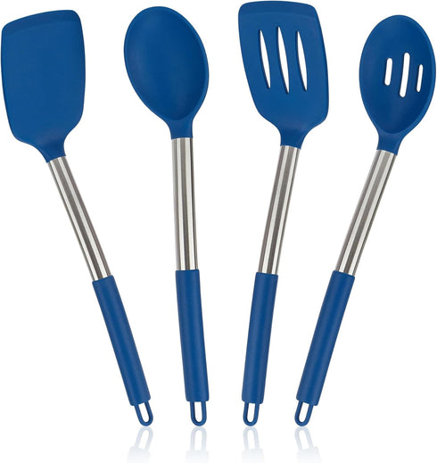 4 Pack Silicone Utensils Set, Non Stick Solid Spatulas, Heat Resistant Blue Slotted Spoons with Stainless Steel Handle, BPA Free Cooking Turner fo...
