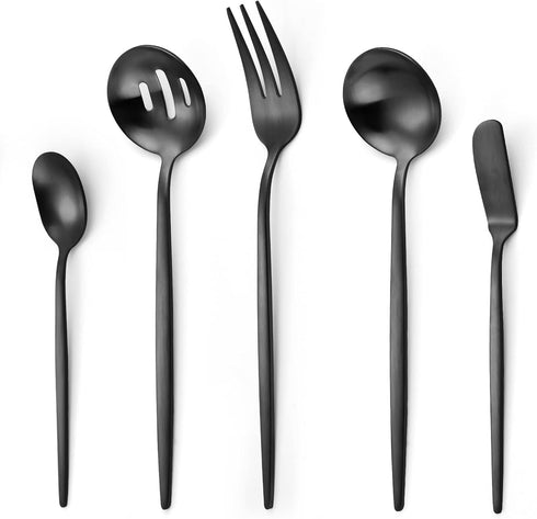 5-Piece Matte Black Serving Utensils Set, Stainless Steel Flatware Serving Set Include Spoon?Fork, Butter Knife and Slotted Spoon?Satin Finish, Di...