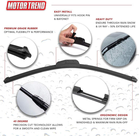 Motor Trend WP324 FlexBlade Premium Beam Wiper Blade – 50% Longer Life, High-Grade Natural Rubber, 45 Degree Precision Cut (24 inch) - 1 Piece...