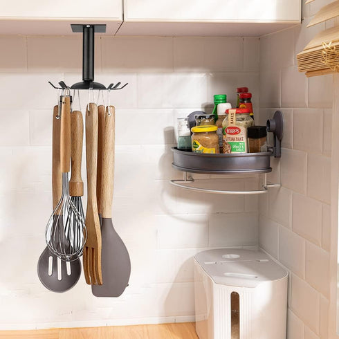 Kitchen Rotating Utensils Hooks, Matte Black Cooking Utensil Rack with 8 Rotatable Hooks for Spoons Pots Rags. Top Mounted Metal Kitchen Utensils ...