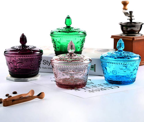 European Retro Nostalgic Three-Dimensional Relief Color Glass Jar Candy Jar Seasoning Jar With Lid...