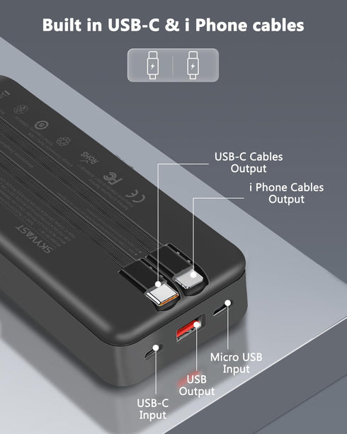 Portable Charger, 20000mAh Power Bank with 2 Built-in Cables, 22.5W Fast Charging with Screen, Travel Battery Pack for i Phone, i Pad, Samsung, Go...