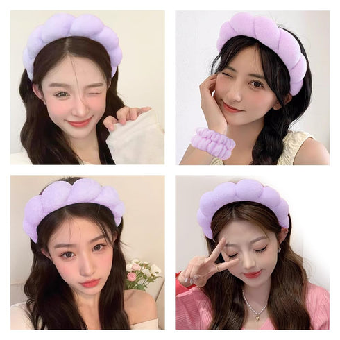 Spa Headbands for Washing Face Wristband Set Sponge Makeup Skincare Headband Wrist Towels Bubble Soft Terry Towel Cloth Hairband for Women Puffy H...