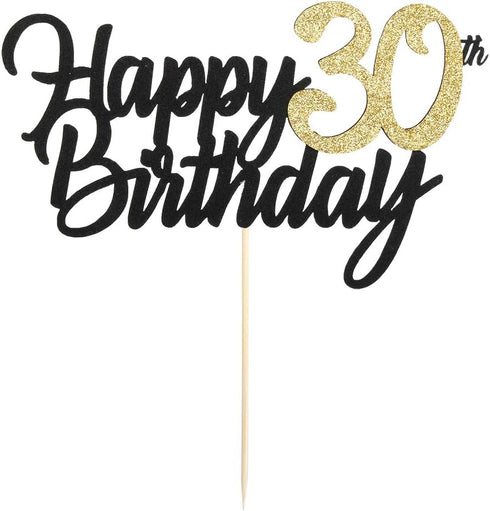 PALASASA Black Gold Glitter Happy Birthday cake topper - 30 Anniversary/Birthday Cake Topper Party Decoration (30th)...