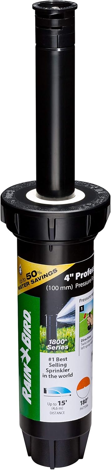 Rain Bird 1804HDSP25 Pressure Regulating (PRS) Professional Dual Spray Pop-Up Sprinkler, 180° Half Circle Pattern, 8' - 15' Spray Distance, 4" Pop...