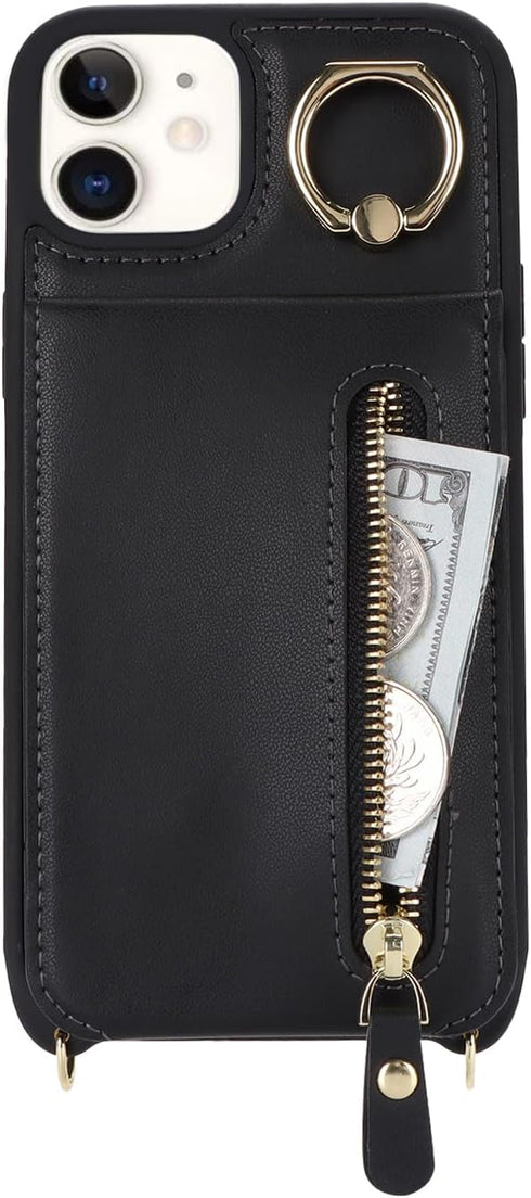 iPhone 12 Case with Card Holder for Women, iPhone 12 pro Phone Case Wallet with Strap Credit Card Slots Crossbody with Kickstand Zipper Case - Bla...