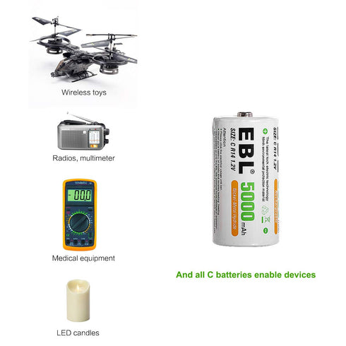 EBL Rechargeable C Batteries, 5000mAh Ni-MH High Capacity C Cell Battery New Retail Package, Pack of 4...