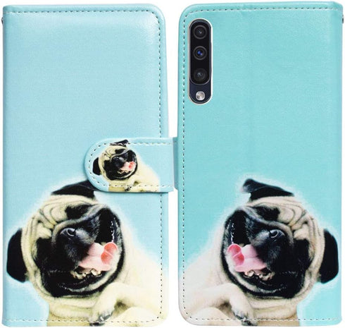 Case for Galaxy A50, Funny Pug Dog Flip Case Leather Cover with Credit Card Slot ID Card Holder Kickstand for Samsung Galaxy A50 SM-A505F SM-A505F...