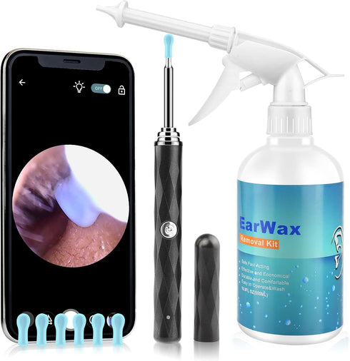 HD Visible Battery Powered Ear Wax Removal Kit, IP67 1080P Camera 6 LED Lights, Ear Irrigation Flushing System with Basin, WIFI Connection Mobile ...