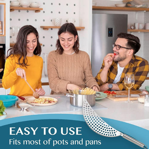 Pan Pot Strainer with Handle Stainless Steel Hand Held Crescent Drainer for Spaghetti Fry Noodles Fruit Vegetable Pasta Strainer Colander Heavy Du...