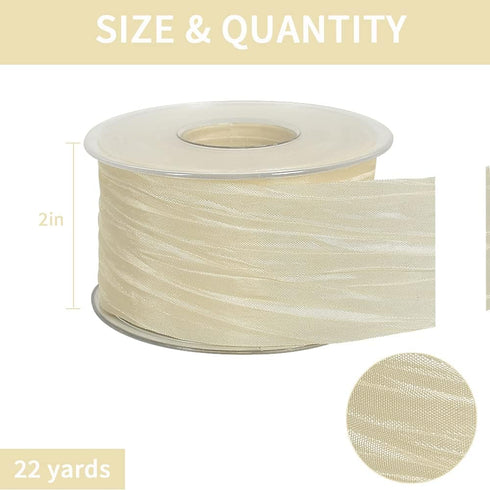TONIFUL 2 Inch x 25 Yards Wide Beige White Crinkled Ribbon Silk-Like Wrinkled Ruffled Woven Solid Ribbons for Crafts Floral Bouquets Rustic Weddin...