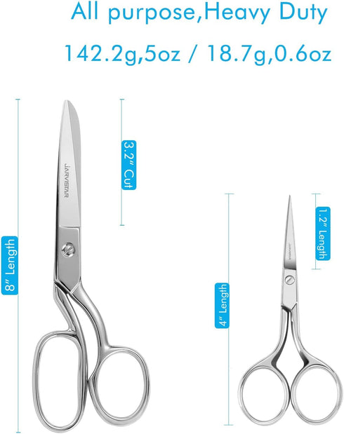 JARVISTAR 8” Premium Fabric Scissors, Sewing Scissors Heavy Duty and 4" Precision Small Pointed Embroidery Scissors, Sharp and Durable Tailor Scis...