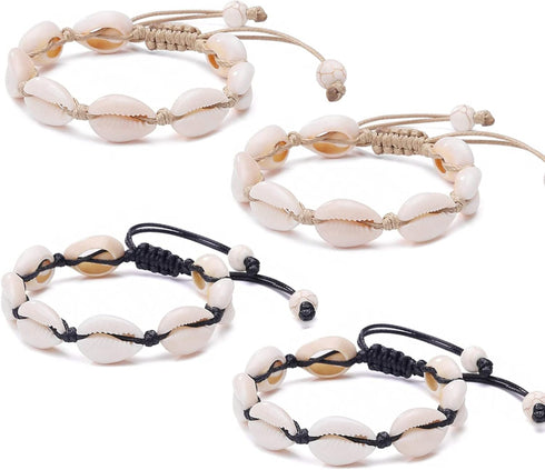 4 Pack Adjustable Shell Bracelets Anklets Set Natural Cowrie Shell Beads Puka Seashells Ankle Jewelry for Men Women Valentine's Day Gifts...