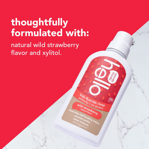 Hello Kids Wild Strawberry Natural Flavor Anticavity Fluoride Rinse - Vegan, Alcohol Free, and SLS Free Mouthwash for Children Age 2 and Up - 16 O...