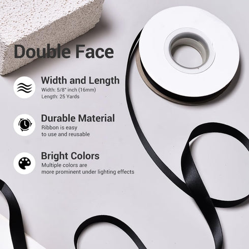 YAMA Black Double Face Satin Ribbon 5/8" 25 Yards Black Ribbon for Gift Package Wrapping,Floral Design,Hair Bow Clip Making,Crafting,Sewing,Weddin...