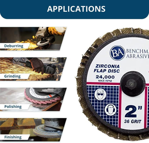 Benchmark Abrasives 2" Quick Change Zirconia Flap Disc Grinding Wheel with Male R-Type Back Design for Cleaning Finishing Deburring of Irregular S...