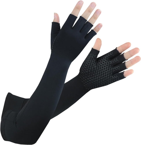 Long Copper Arthritis Gloves for Carpal Tunnel, Compression Gloves for Hand Pain Relief, Wrist Arm Support, Fingerless Typing Gloves for Rheumatoi...