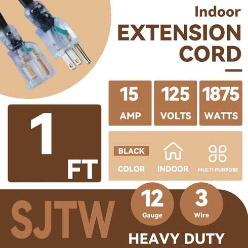 1 ft Lighted Outdoor Extension Cord - 12/3 SJTW Heavy Duty Black Extension Cable with 3 Prong Grounded Plug - 15AMP Power Cord for Lawn, Garden, A...