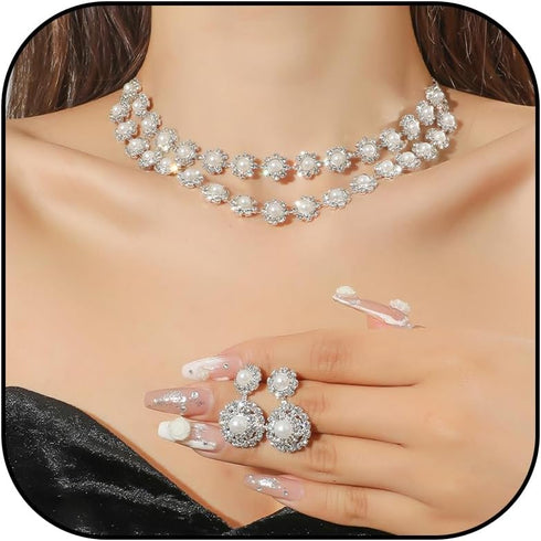 Silver Necklace and Earrings Set Crystal Bridal Wedding Jewelry Sets for Brides Bridesmaid Prom Costume Accessories for Women...