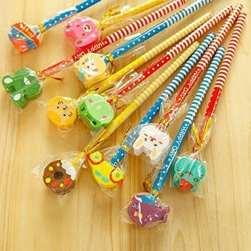24 Pack Kids Wooden Pencils, Colorful Stripe Pencil with Cute Animals Eraser for Children, and School Supplies Pencils for Kids...
