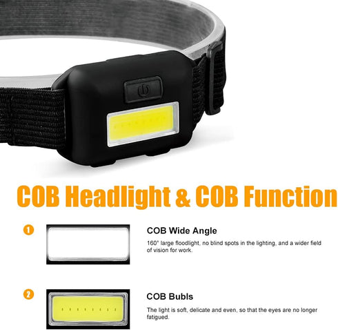 8 Pack Led Headlamp for Adults and Kids, 1.1oz/31g COB Flood Light Ultra Bright Head Lamp with 3 Modes 24 AAA Batteries, Waterproof Work Flashligh...