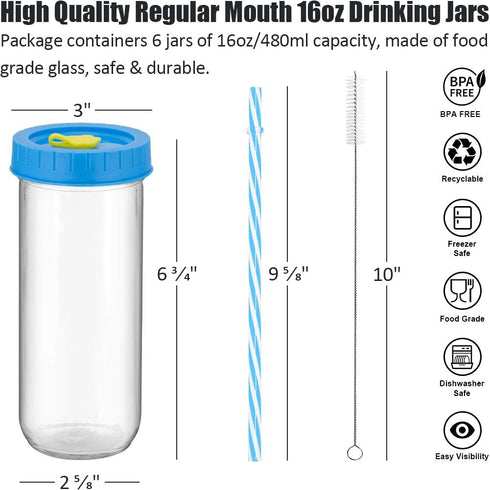 Glass Drinking Bottle Travel Drinking Jars 6 Pack, 16oz Mason Jars Regular Mouth Beverage Bottle with Airtight Lids &Straws, Reusable Water Bottle...
