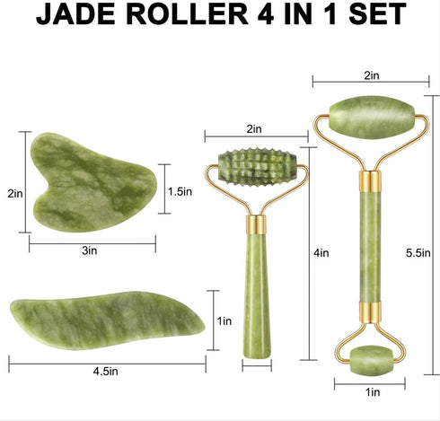 4-pcs Jade Roller & Gua Sha Set, Facial Roller Massager with Gua Sha Scraping Tool, Jade Stone Massager for Anti-aging, Slimming & Firming, Rejuve...