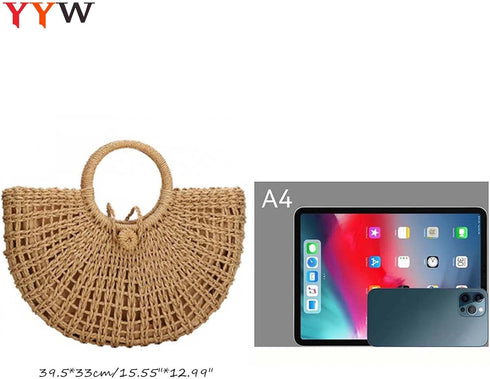 YYW Straw Bags for Women,Hand-woven Straw Top-handle Bag with Round Ring Handle Summer Beach Rattan Tote Handbag...