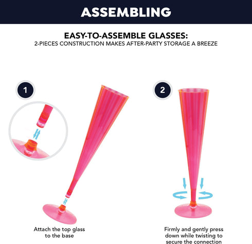 Party Essentials 20 Count Hard Plastic Twopiece 5 oz Champagne Flutes, Neon Pink...