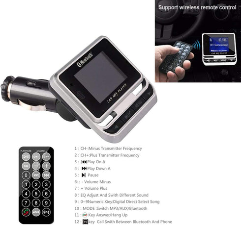 Bluetooth FM Transmitter for Car, Wireless Car Radio Adapter, Handsfree Auto Kit with Remote Control, MP3 Music Player Support USB Charger Siri Go...