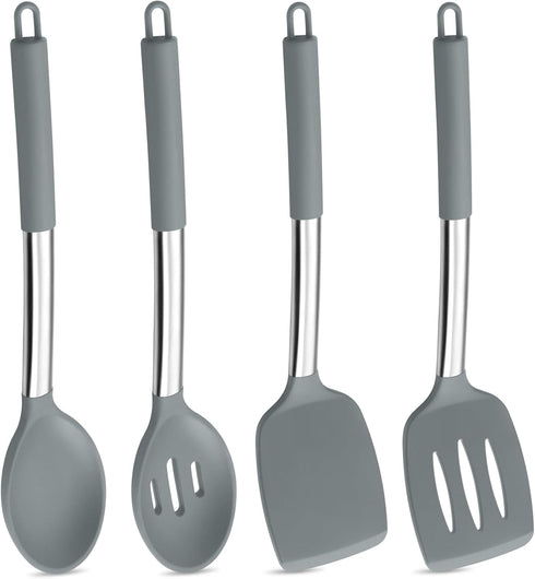 Kitchen Utensils Set, 4Pcs P&P CHEF Silicone Cooking Utensils Spatulas, Heat-proof Turner Spoon for Turning Mixing, Dishwasher Safe, (Grey)...