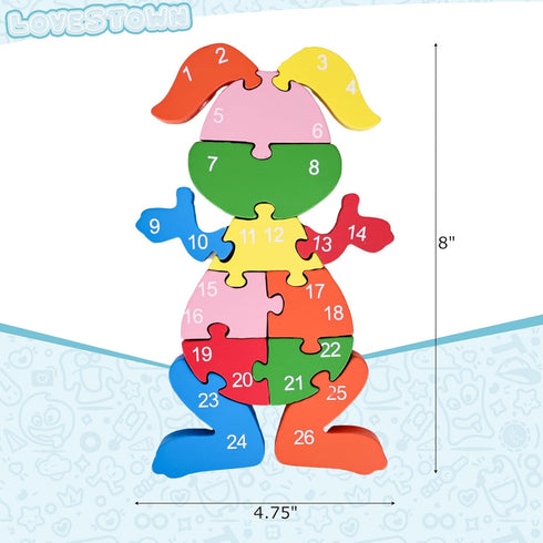 LovesTown Rabbit Wooden Puzzles, 26PCS Alphabet and Number Building Blocks Wood Jigsaw Puzzle for Kids Preschool...