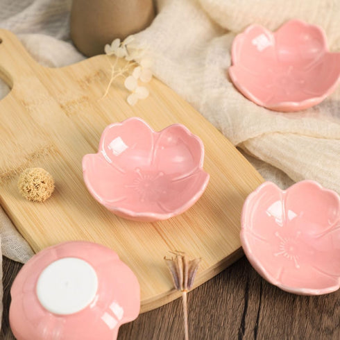 FUYU 4pcs Sakura Shaped Ceramics Seasoning Dishes Spice Dishes Salad Soy Sushi Wasabi Dipping Bowls, Tea Bag Holders...