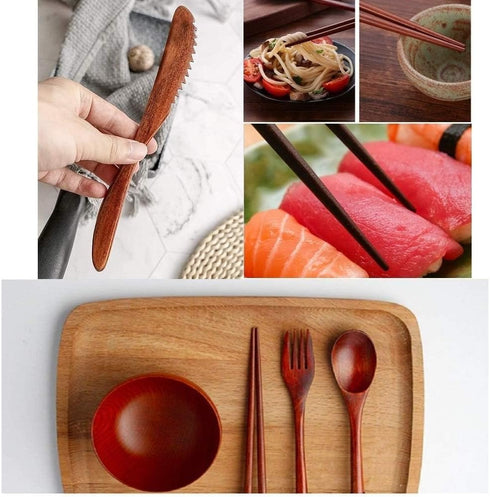 Wooden Utensil Flatware Set Reusable Utensils Travel Cutlery Set for Eating with Case, 10 Pcs Wooden Spoon and Fork Set Bamboo Flatware Set...