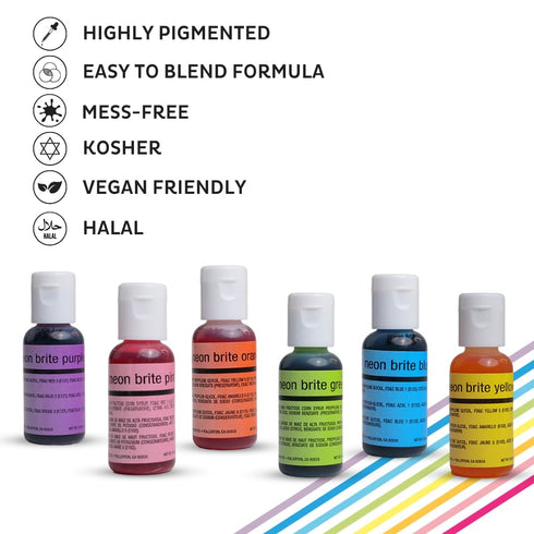 Chefmaster - Neon Airbrush Kit - Airbrush Food Coloring - 6 Pack - Highly-Pigmented, Vibrant Colors, Works With Any Airbrush Tool, Fade-Resistant ...