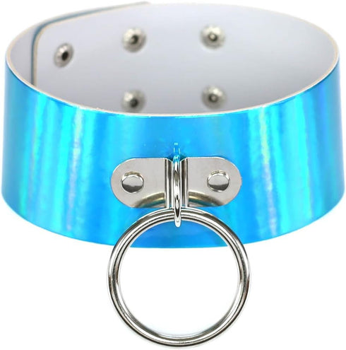 Multicolor Holographic Hologram PU Large O Shape Ring Neckband Choker Necklace Set, 4PCs PN1560...