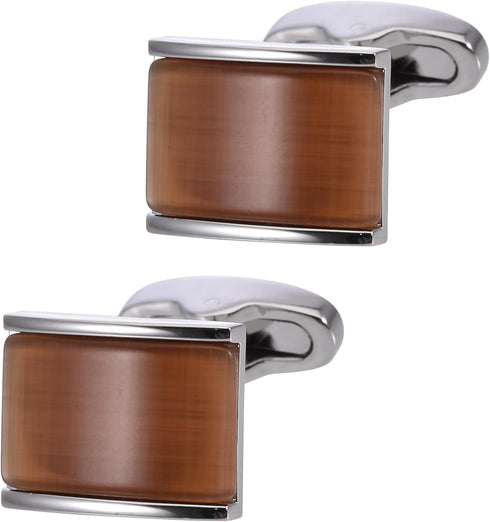 Rectangle Brown Cats Eye Gemstone Cufflinks for Men Women In Gift Case Silver Elegent Gem Men's Cufflinks Jewelry Set for Wedding Party Anniversar...