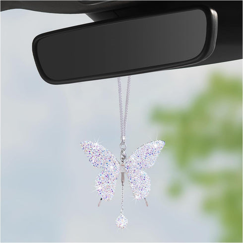 Bling Butterfly Car Accessories for Women, Diamond Car Rear View Mirror Ornament Pendant, Valentine's Day Gift, Crystal Car Hanging Decoration, Cu...
