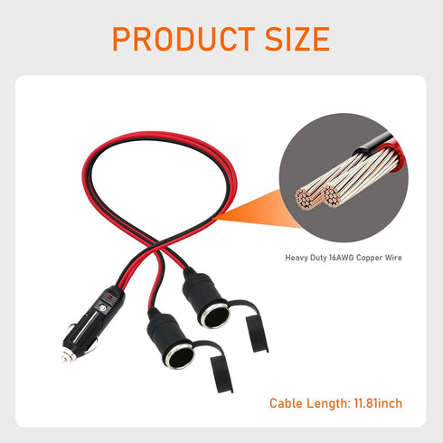 Pack-1 Car Cigarette Lighter Extension Cord, 11.8" PVC Splitter Y Adapter, Power Charger Port, 16AWG Automotive Socket Extension Cable, Universal ...