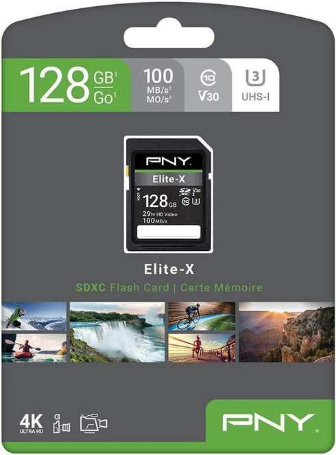 PNY 128GB Elite-X Class 10 U3 V30 SDXC Flash Memory Card - 100MB/s, Class 10, U3, V30, 4K UHD, Full HD, UHS-I, Full Size SD...