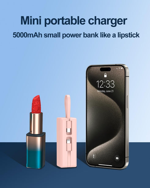 Mini Portable Charger Small Power Bank 5000mAh Battery Pack with Built-in USB C and LT Cables Ultra Compact Portable Charger for iPhone 15 14 13 1...
