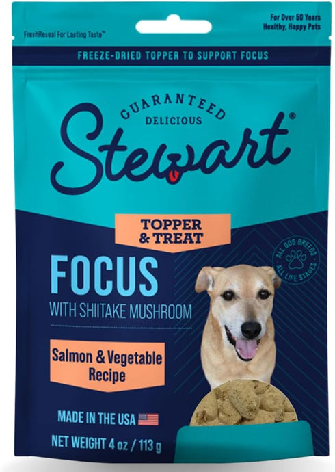 Stewart Freeze Dried Dog Food Topper, Focus, Salmon and Vegetable Recipe, 4 Ounce Pouch, Shiitake Mushrooms and Antioxidants for Cognitive Functio...