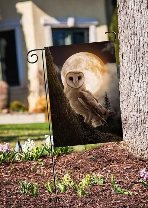 Fantasy Misty Forest Tree Owl Bird Full Moon Night Garden Yard Flag 12"x 18" Double Sided Polyester Welcome House Flag Banners for Patio Lawn Outd...