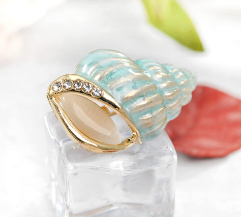 Gyn&Joy Golden Tone Blue Enamel Rhinestone Conch Ocean Sea shell Brooch Pin...