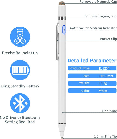 Stylus for Smsung Galaxy S20, S20+ Pencil, EVACH Rechargeable Digital Pencil with 1.5mm Ultra Fine Tip Stylus Pen for Smsung Galaxy S20, S20+, Whi...