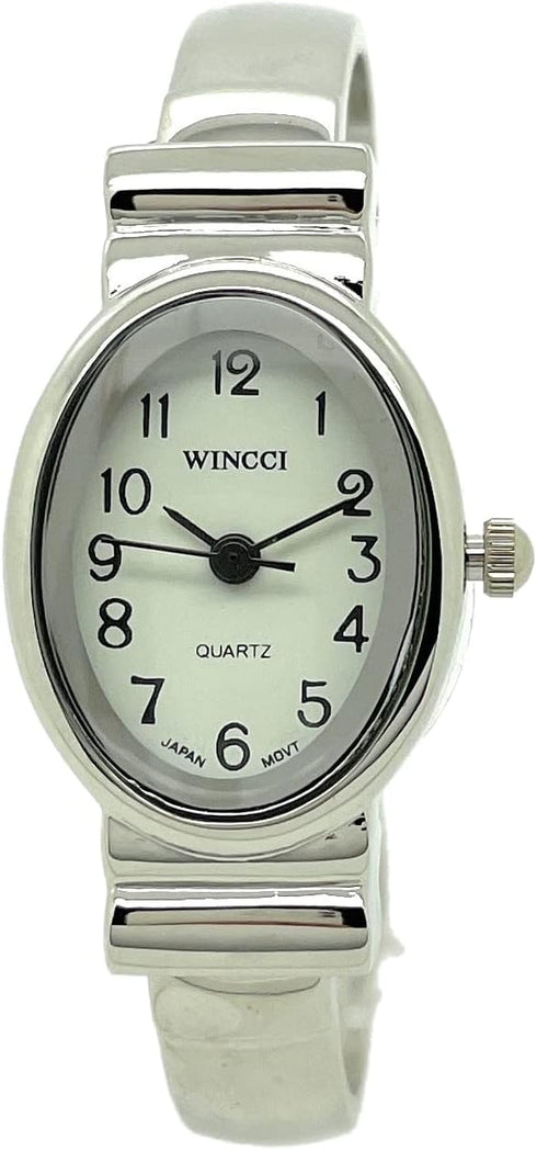 Ladies Small Oval Case Metal Bangle Cuff Fashion Analog Quartz Watch White Dial with Easy to Read Black Numbers...