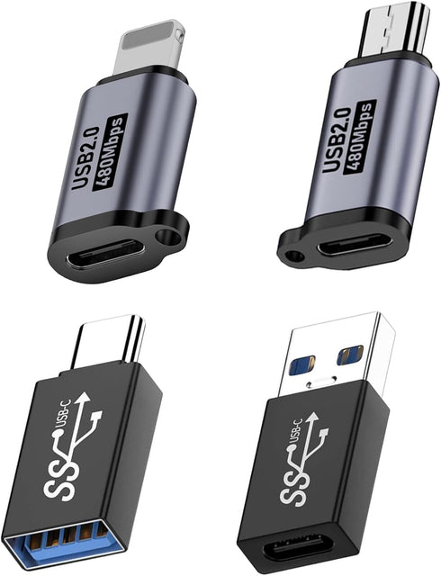 (4-pack)USB A to Type C adapter, Type C to iPhone, Type C female to USB A-male, Type C Female to Micro Male Adapter, Compatible iPhone 14 13 12 11...